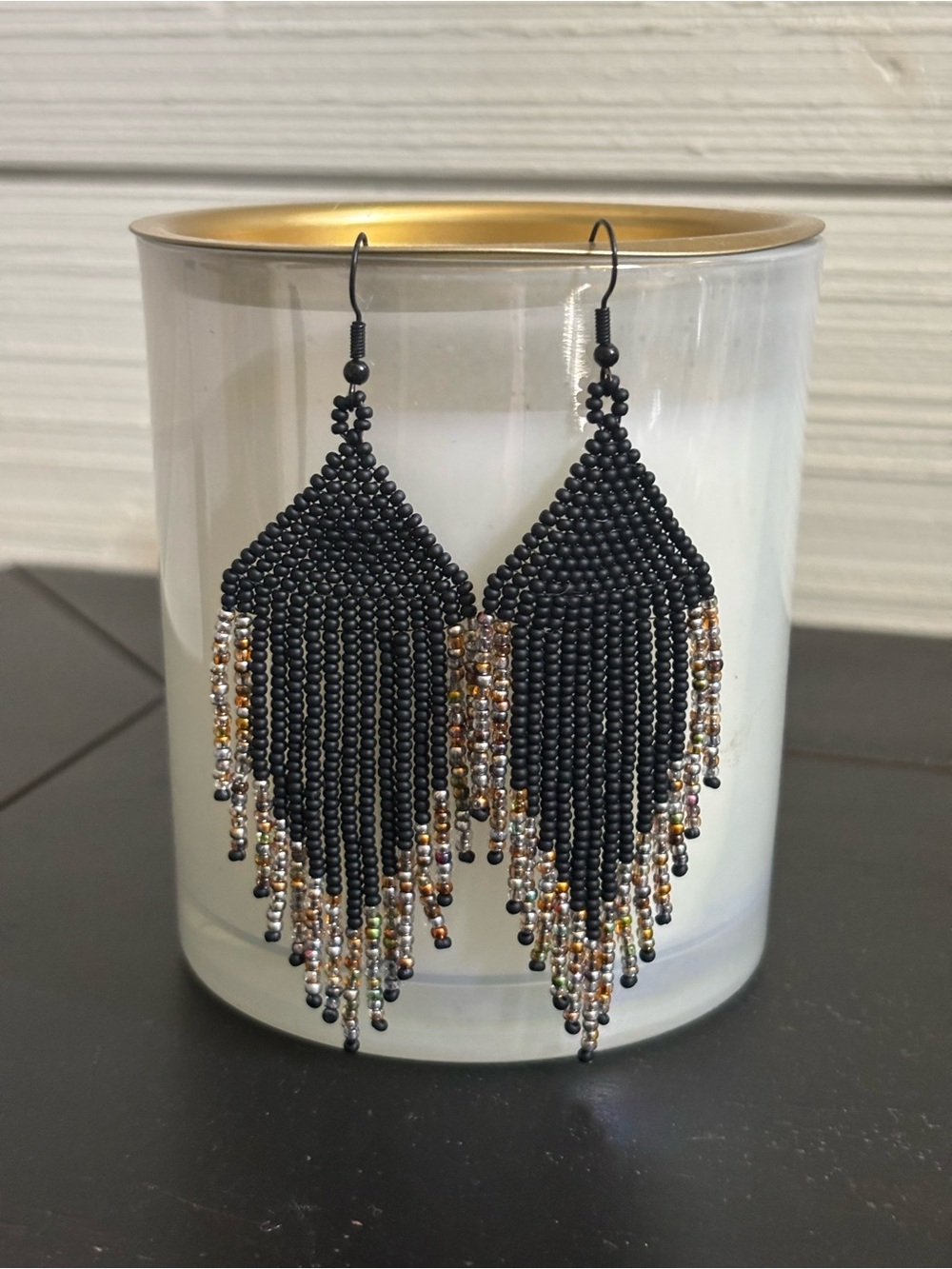 Fringe Dangle Black & Multi Colored‎ Glass Bead Earrings Boho Style Festival NEW